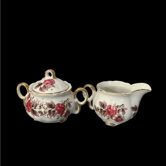 Vintage Fred Roberts Porcelain Rose Creamer & Sugar Gold Trim Serving Set Japan - Picture 3 of 8